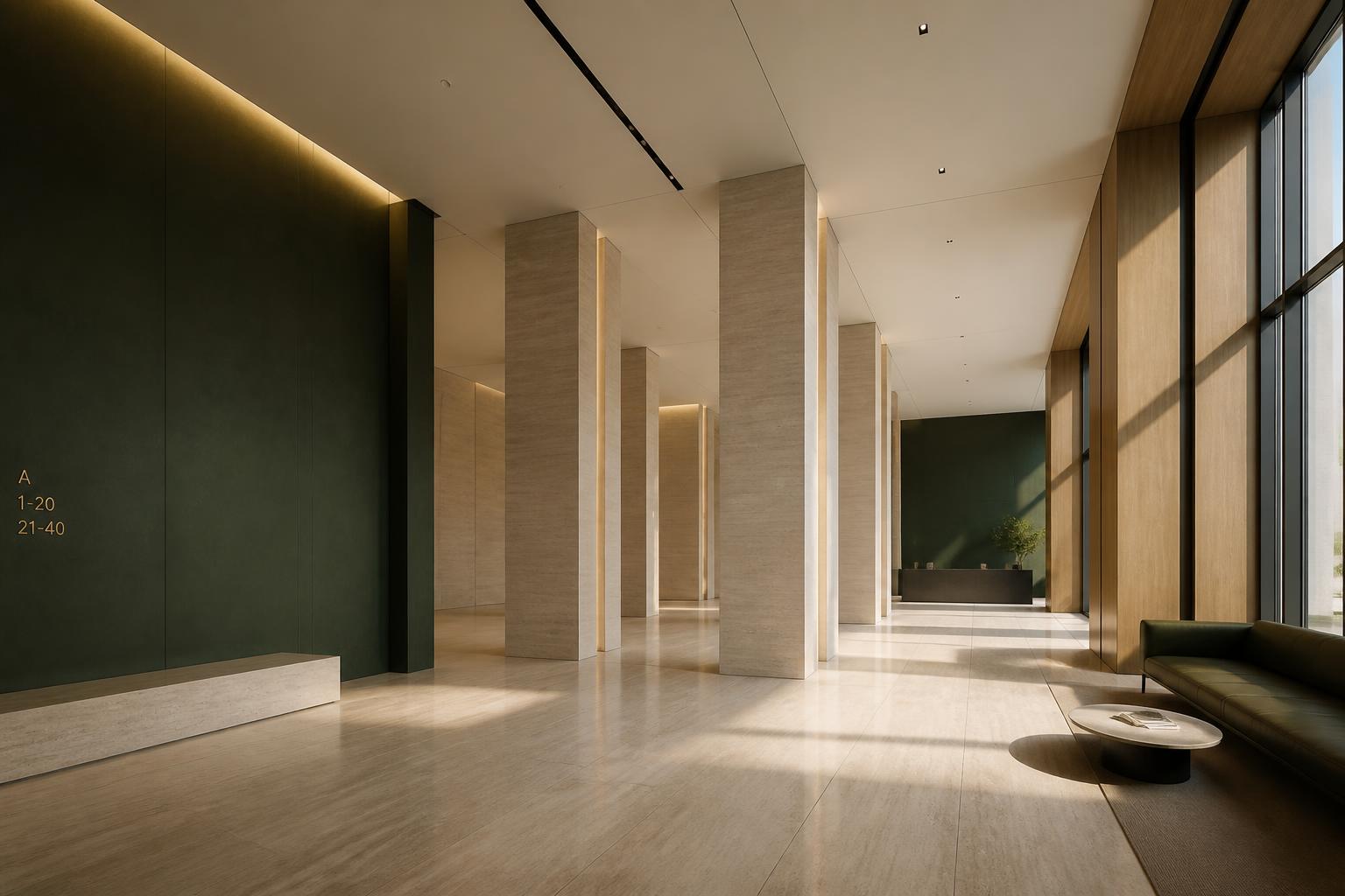 Modern commercial interior with travertine floors and a dark green accent wall